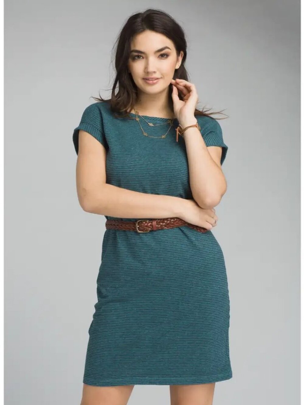 PrAna Paulina T-shirt Dress Size XL Deep Balsam Green Stripe Hemp Organic Cotton